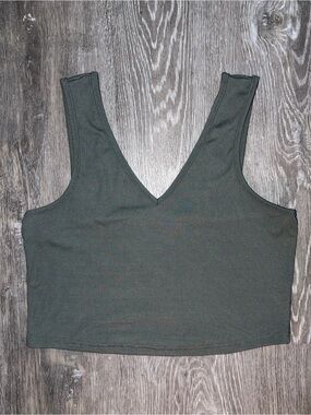 Women's V-Neck Ribbed Crop Tank Top - Olive Green